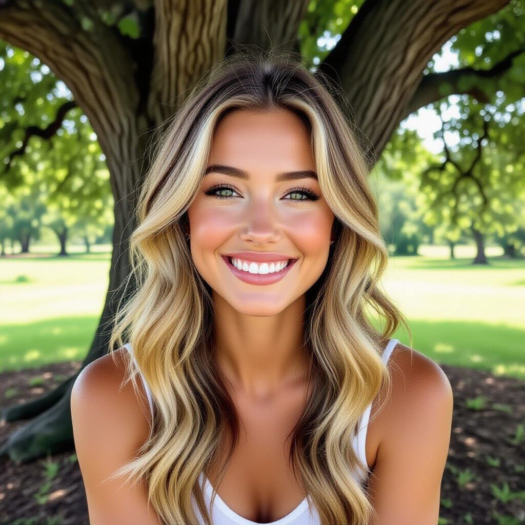 Woman with Green Extensions Under Oak Tree