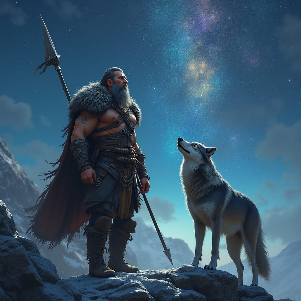 Epic Viking Warrior Stands Tall on Mountain Cliff Under Star...