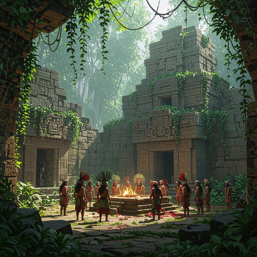 Mystical Aztec Temple Landscape with Jungle Vines