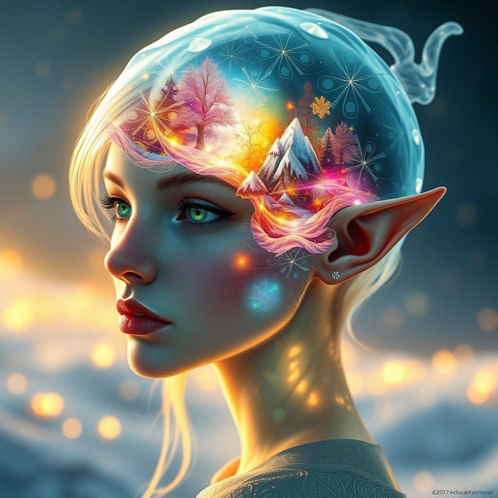 Ethereal Elf Maiden in Vibrant Winter Wonderland