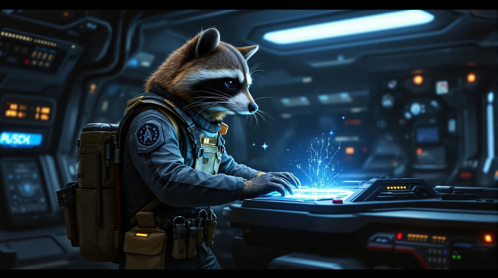 Raccoon Engineer in Futuristic Warp Room