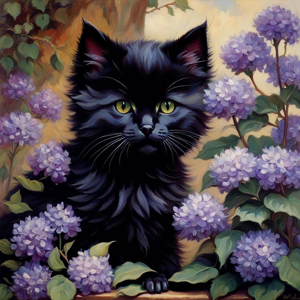 Fluffy Kitten in Lilac Blossoms: Waterhouse Style