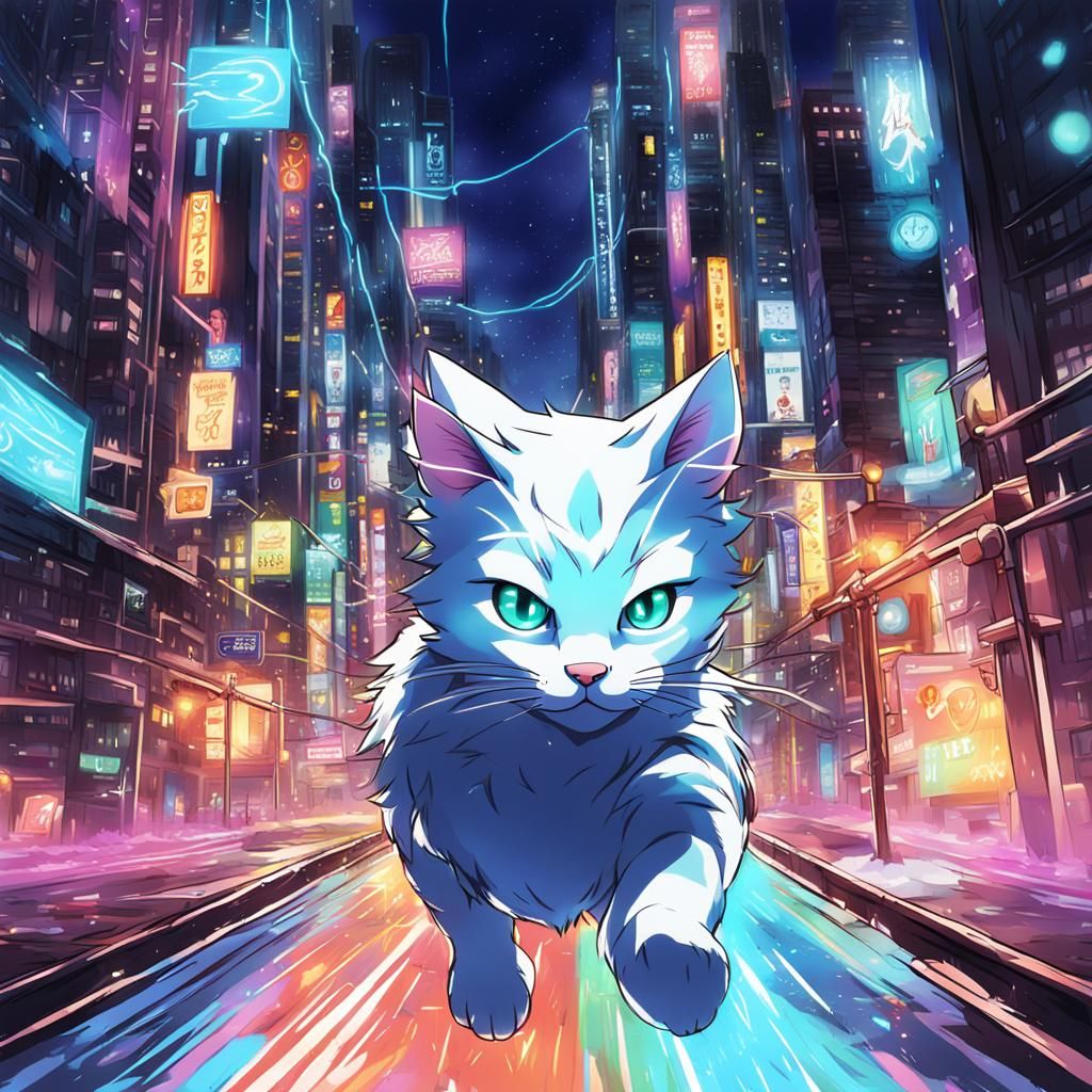Electric Cat Running in Neon Anime City