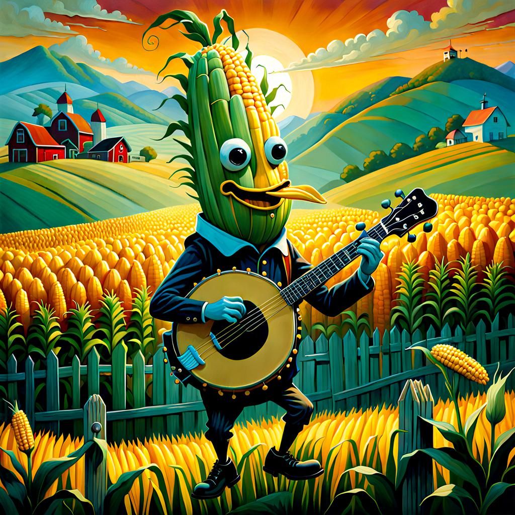 Surreal Corn Plays Banjo on the Farm as Oil Painting