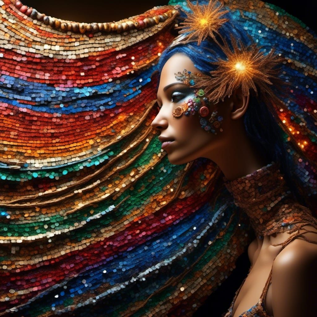 Tribal Priestess Portrait Woven from Leather in Mosaic Style