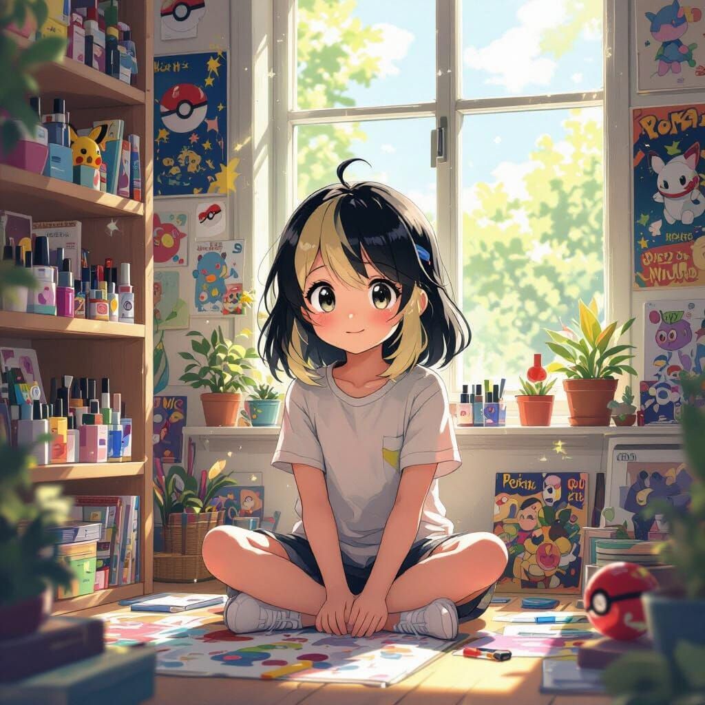 Anime Girl in Pokemon Room with Black and Blonde Hair