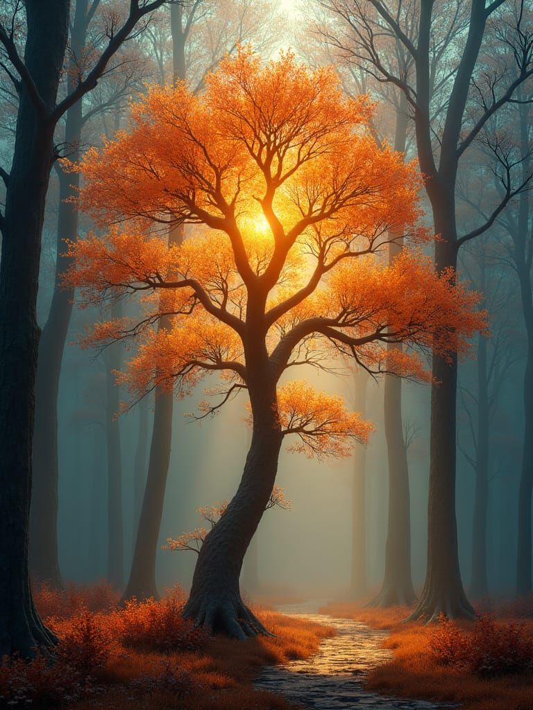 Mystical Autumn Forest Tree in Ethereal Digital Art