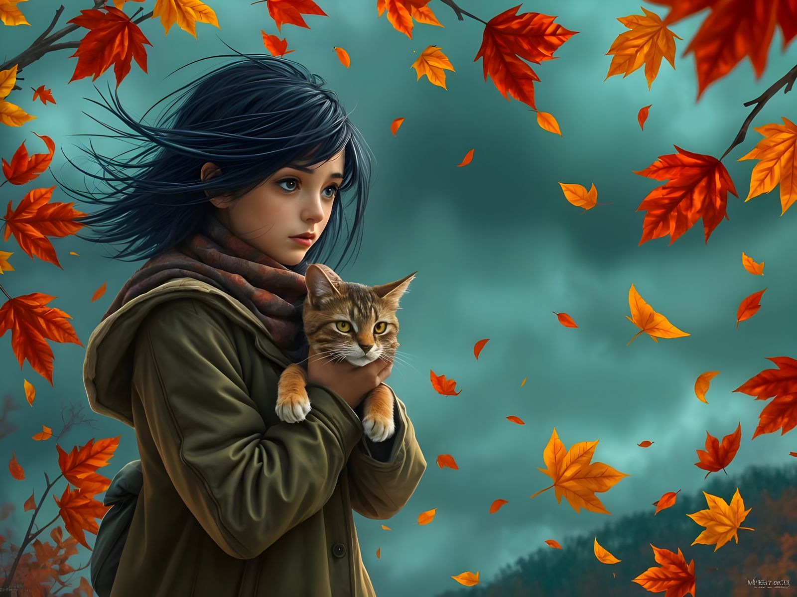 Girl and Cat in Autumn Storm: Surreal Digital Art