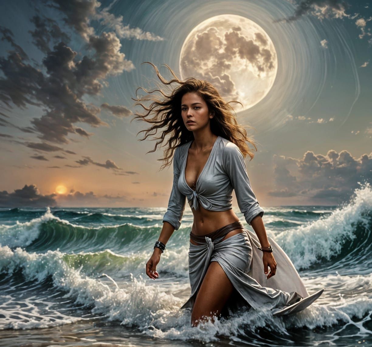 Surfing Woman on Moonlit Island