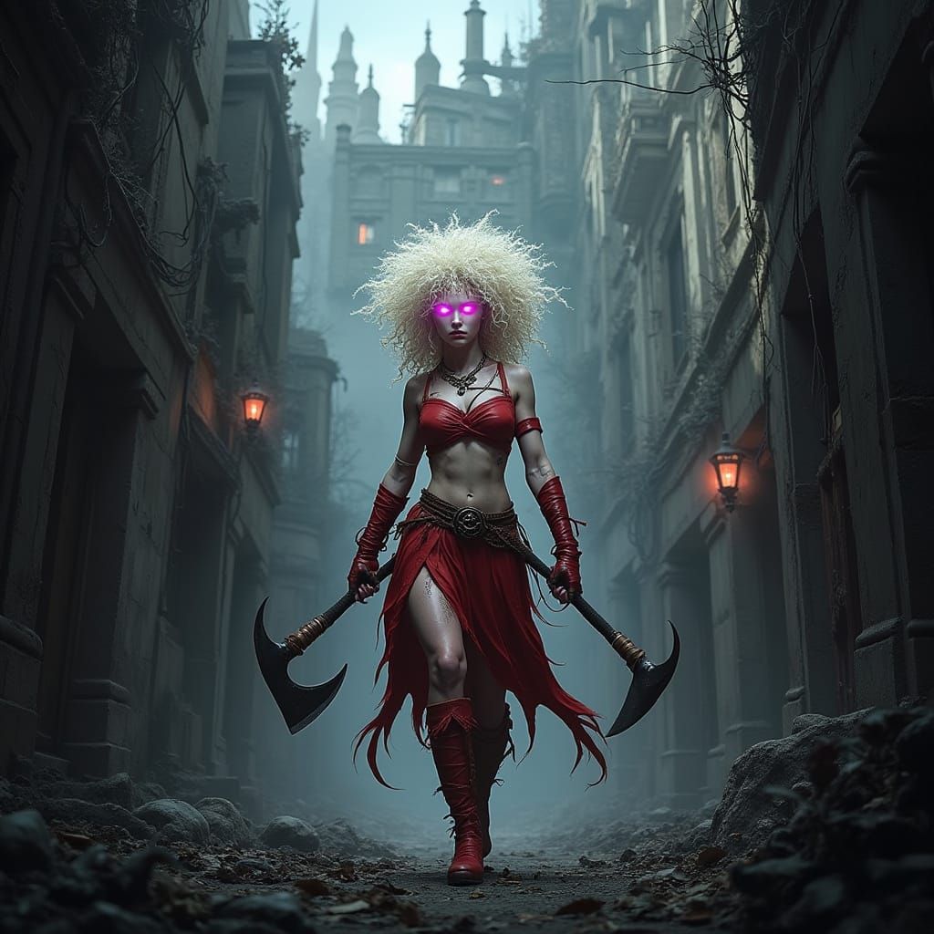 Albino Elf Maiden Patrols Forgotten City: Rutkowski-Style Ar...