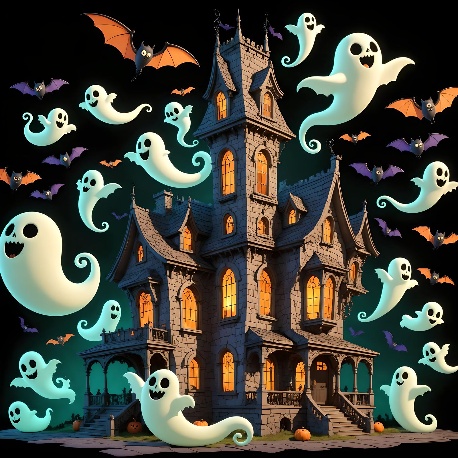 Cartoon Mansion with Ghosts and Bats