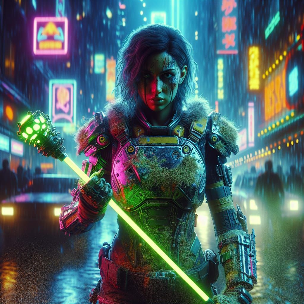 Cyberpunk Armored Warrior in Dystopian Cityscape