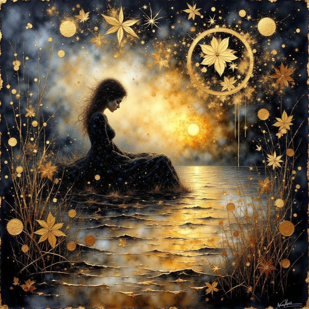 Ethereal Impressionistic Watercolor in Gold and Ink