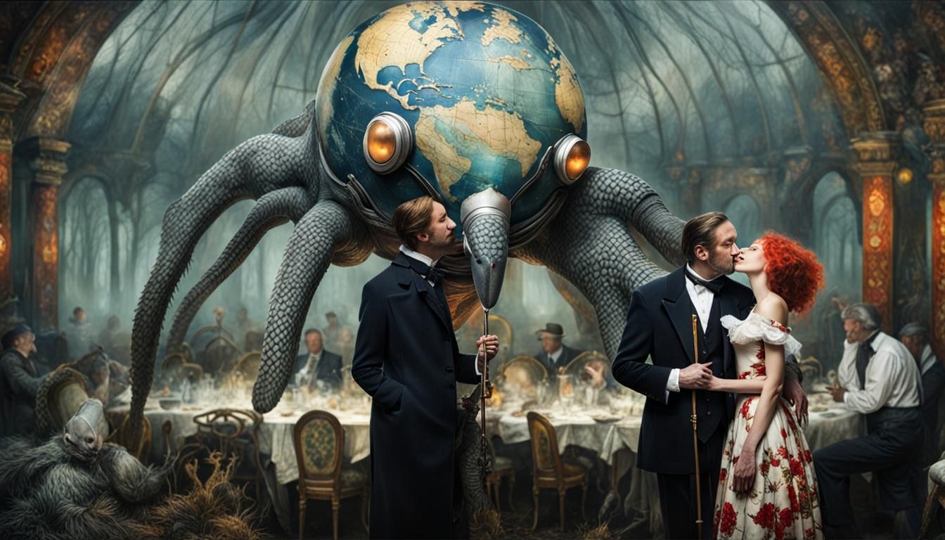 Surreal Alien Restaurant Celebration in Gritty Detail
