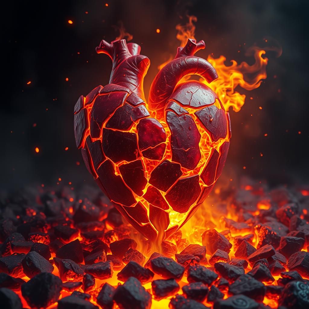 Fiery Shattered Heart in Volcanic Flames