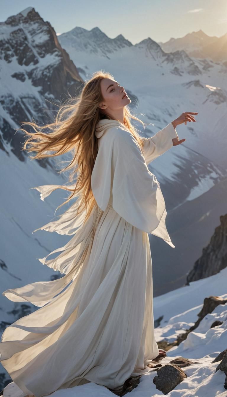 Woman on Mountain Peak in Dramatic Lighting