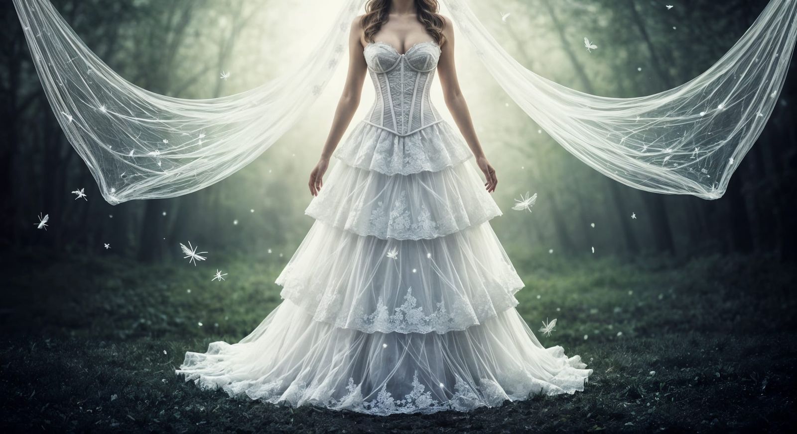 Ethereal Bride in Spiderweb Gown in Dreamy Clearing
