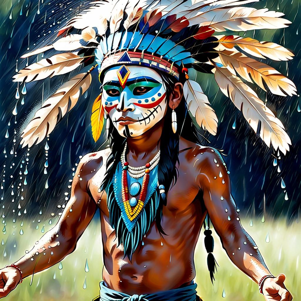 Native American Boy's Rain Dance with Tribal Mask