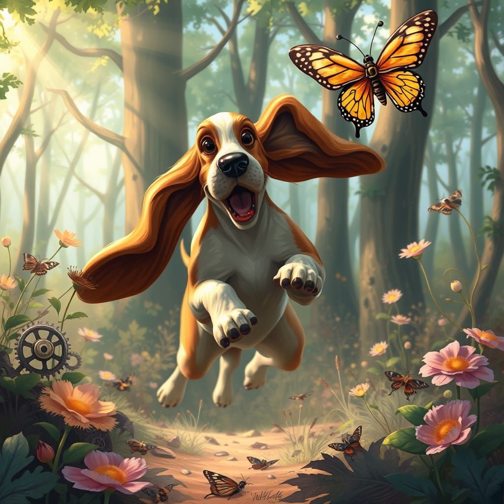 Basset Hound Leaps for Mechanical Butterfly in Enchanted For...