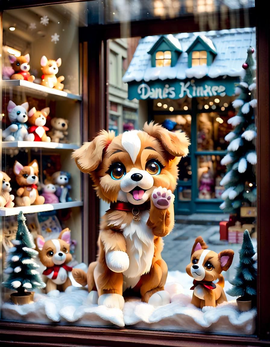 Cute Plush Puppy Toy Waving in Shop Window