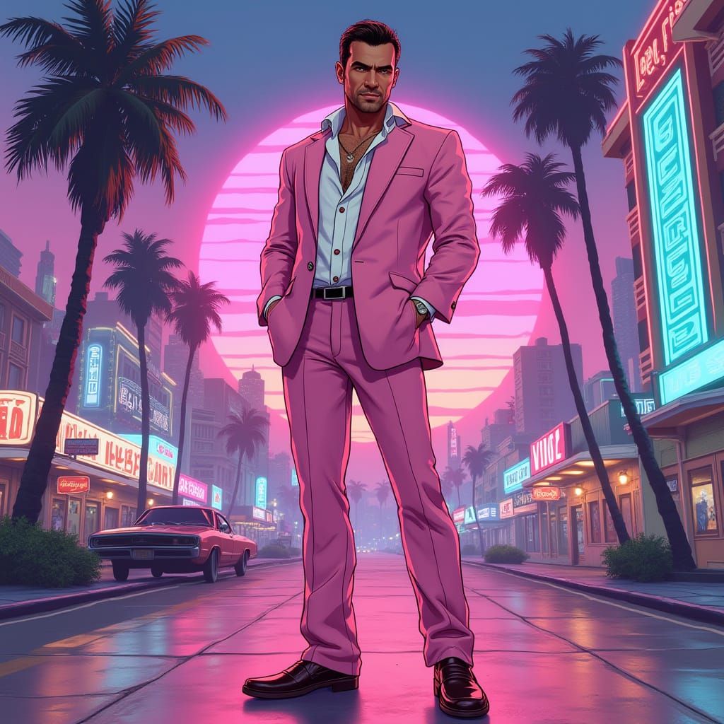 Retro-Futuristic Tommy Vercetti in Pastel Pink Suit