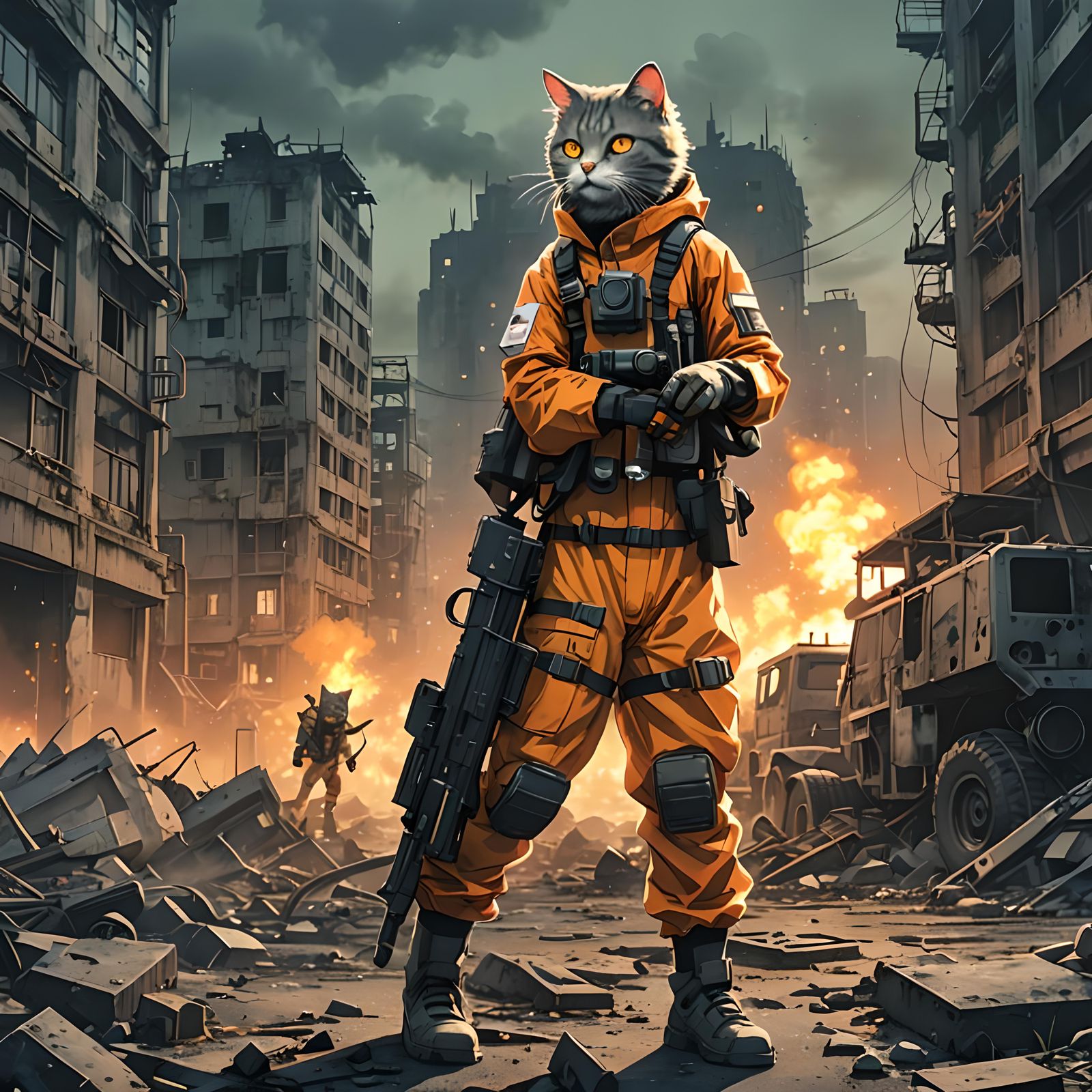 Apocalyptic Cat with Machine Gun in Anime Style