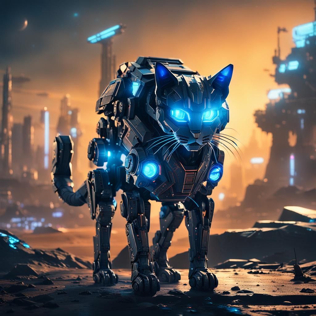 Cyberpunk Mech Cat on Desolate Sci-Fi Landscape