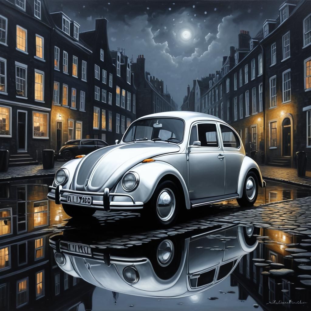 Silver VW Beetle in Rembrandt-Style Oil Painting