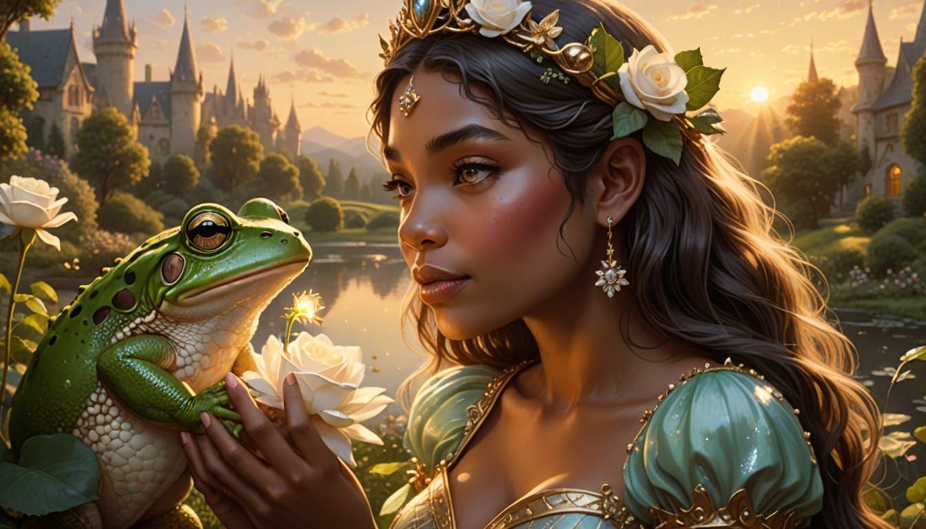 Enchanted Faerie Kisses a Majestic Frog in a Sparkling Golde...