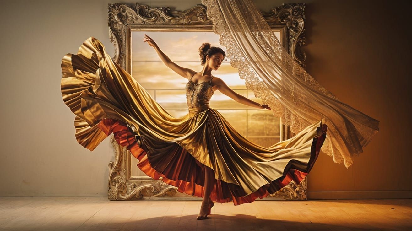 Dancing Woman in Golden Light: 3D Oil Painting