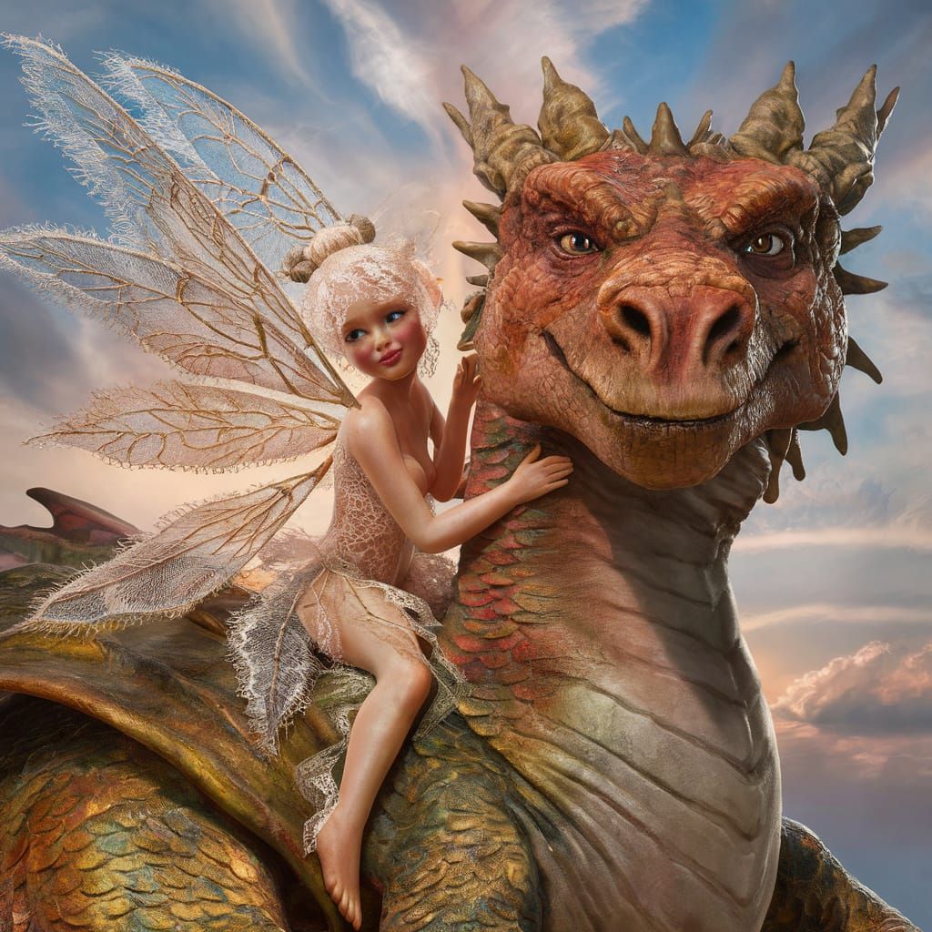 Lace Fairy Rides Dragon in Hyperrealistic Painting