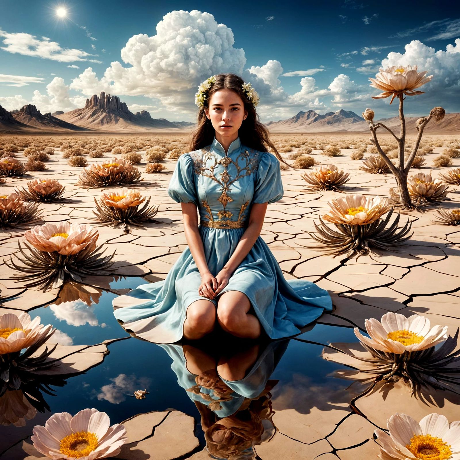 Woman in Flower Petal Dress on Mirror Desert