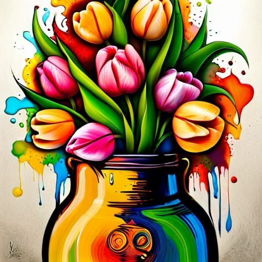 Colorful Smiley Tulips Graffiti Art in Tim Burton Style