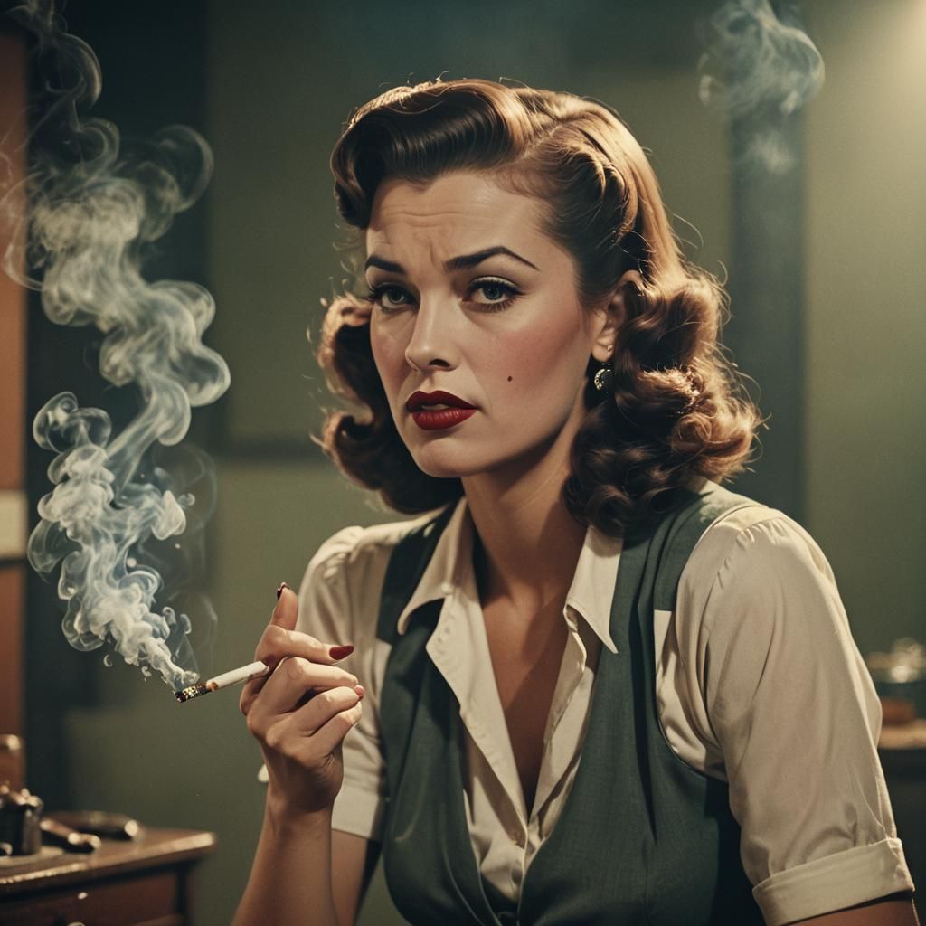 1940s Pin-Up Smoking: Cinematic Film Still