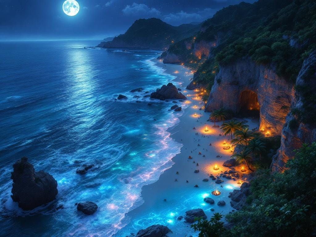 Moonlit Tropical Beach Cove at Night