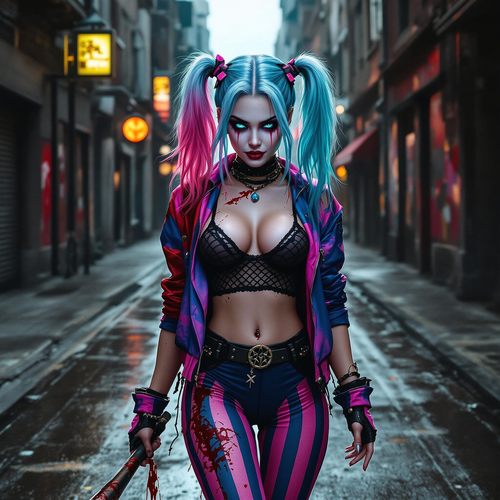 Harley Quinn-Inspired Woman with Bloody Bat in Comic Style