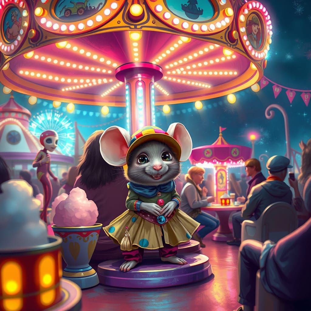 Mouse Hiding Under Carnival Ride in Digital Art Style