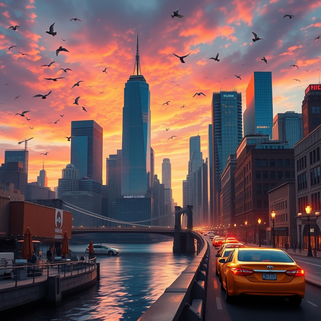 New York Cityscape at Dusk in Hyperrealistic Style