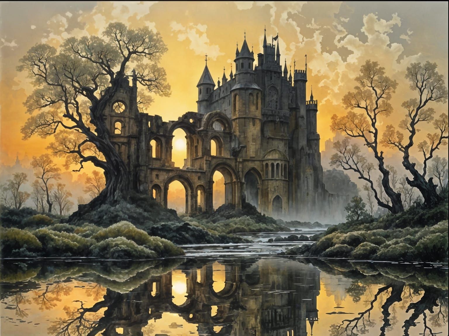 Majestic Castle Ruins Reflected in Sunset Mist
