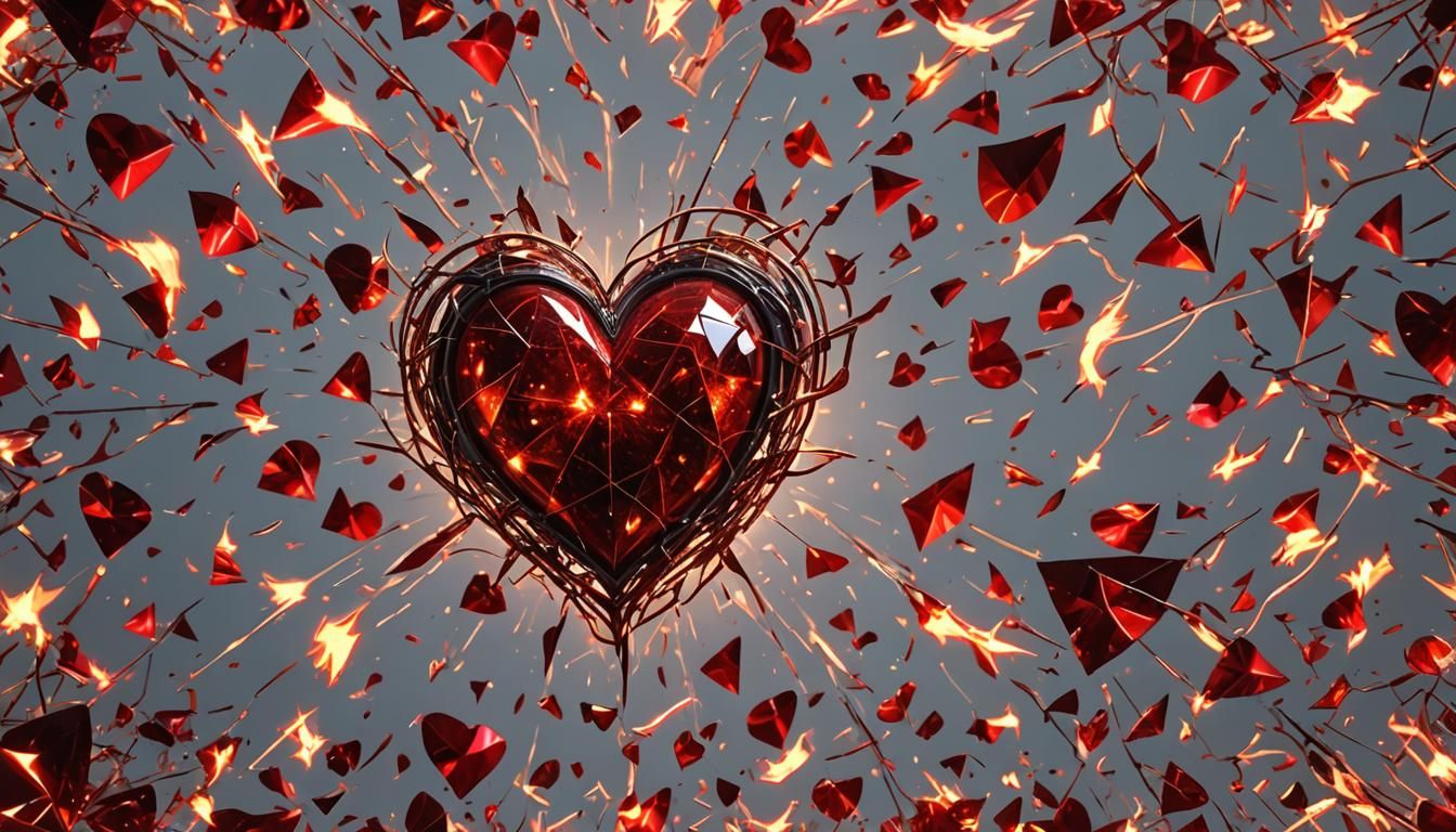 Fractured Red Glass Heart with Fiery Sparks