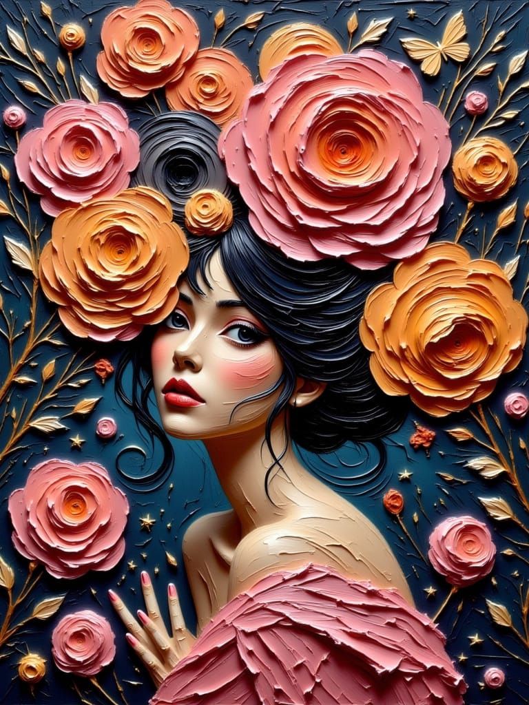 Woman Among Oversized Impasto Flowers in Vibrant Hues
