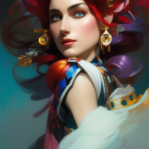 Detailed Harlequin Portrait in Art Nouveau Style