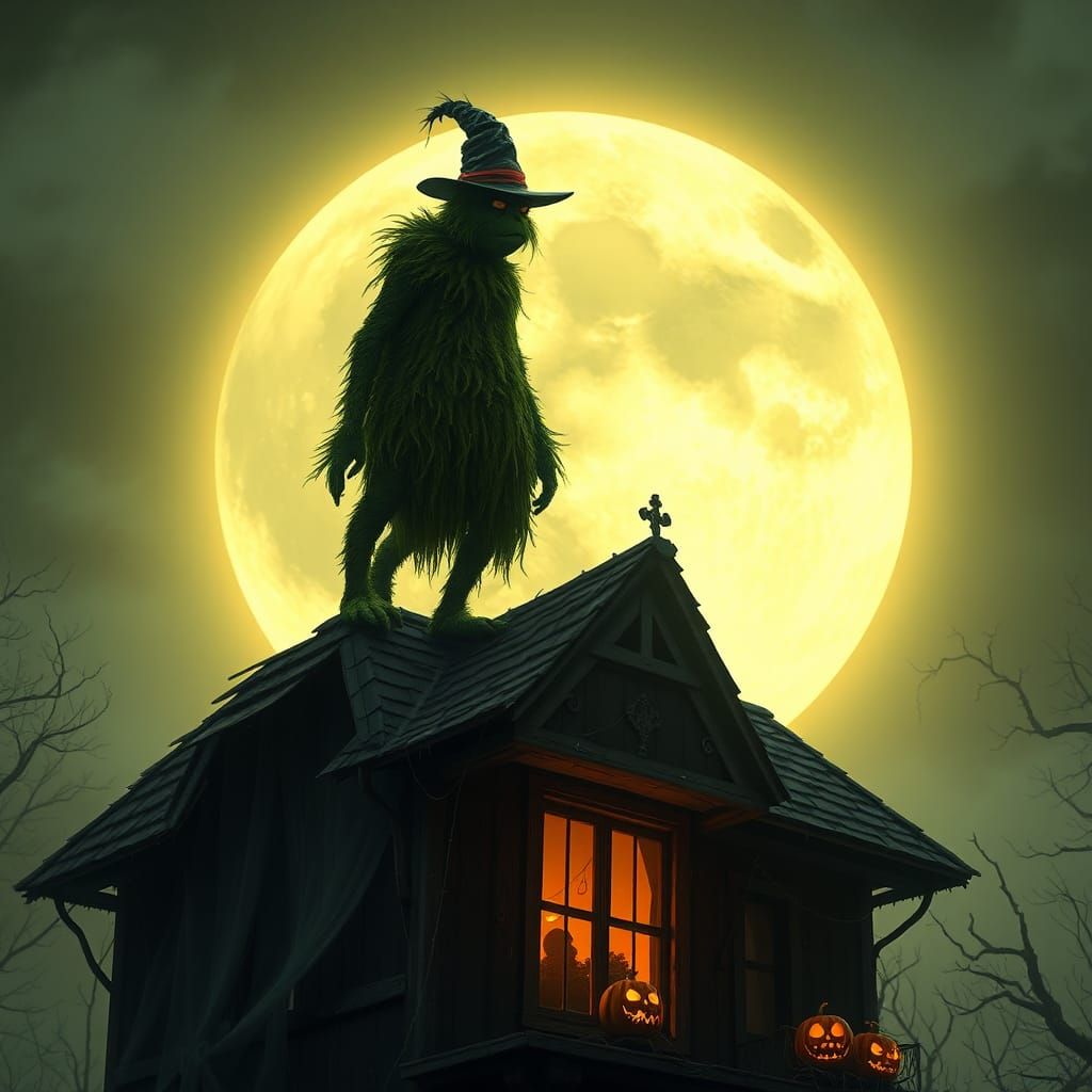 Grinch on Haunted House Rooftop in Cinematic Style