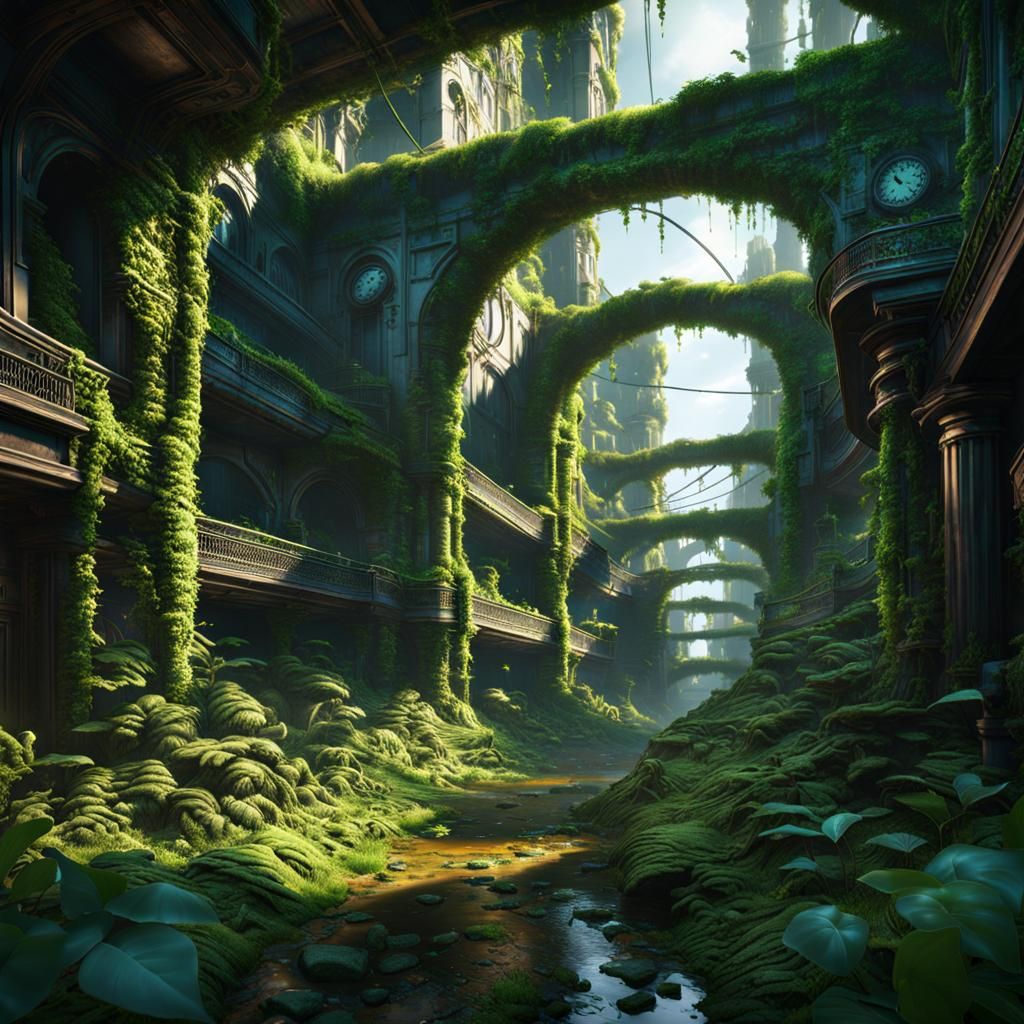 Overgrown Dystopian Cityscape in Unreal Engine Style