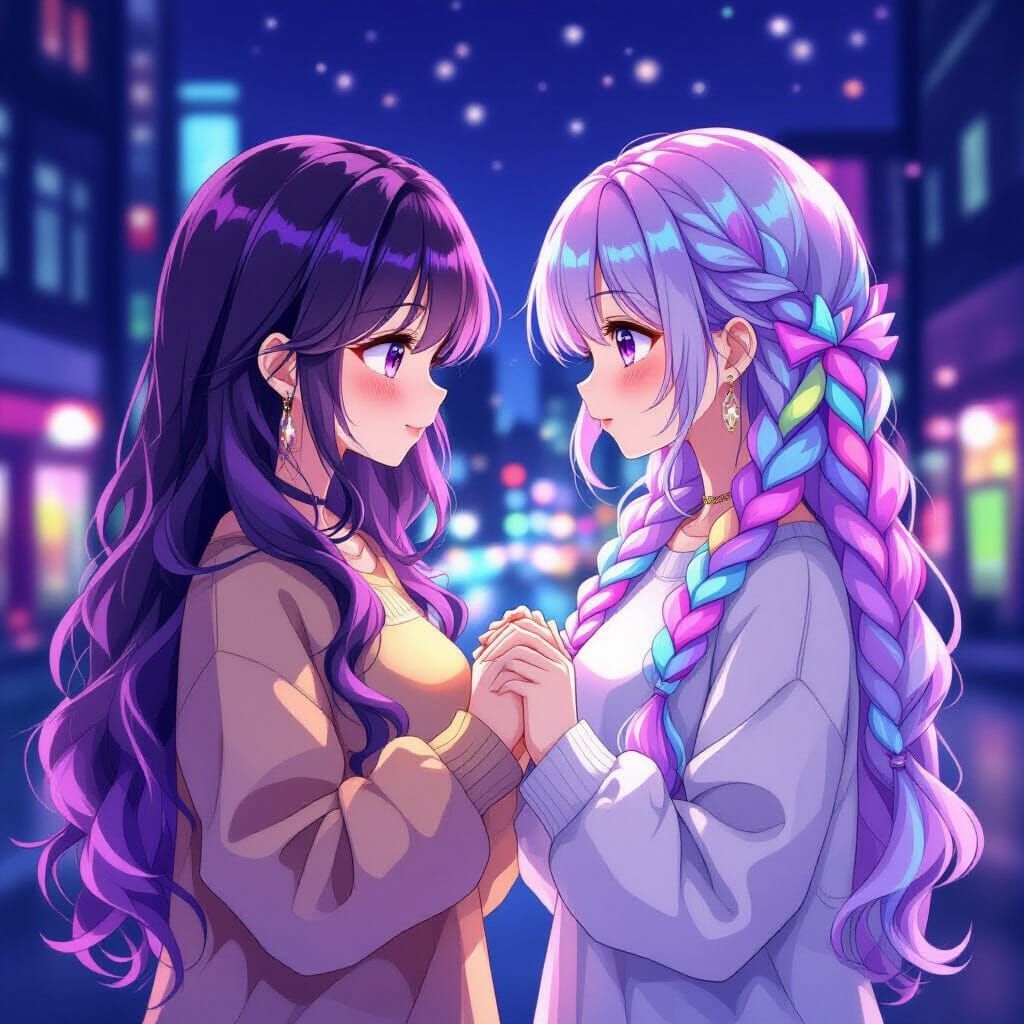 Anime Girls Holding Hands in Night Cityscape