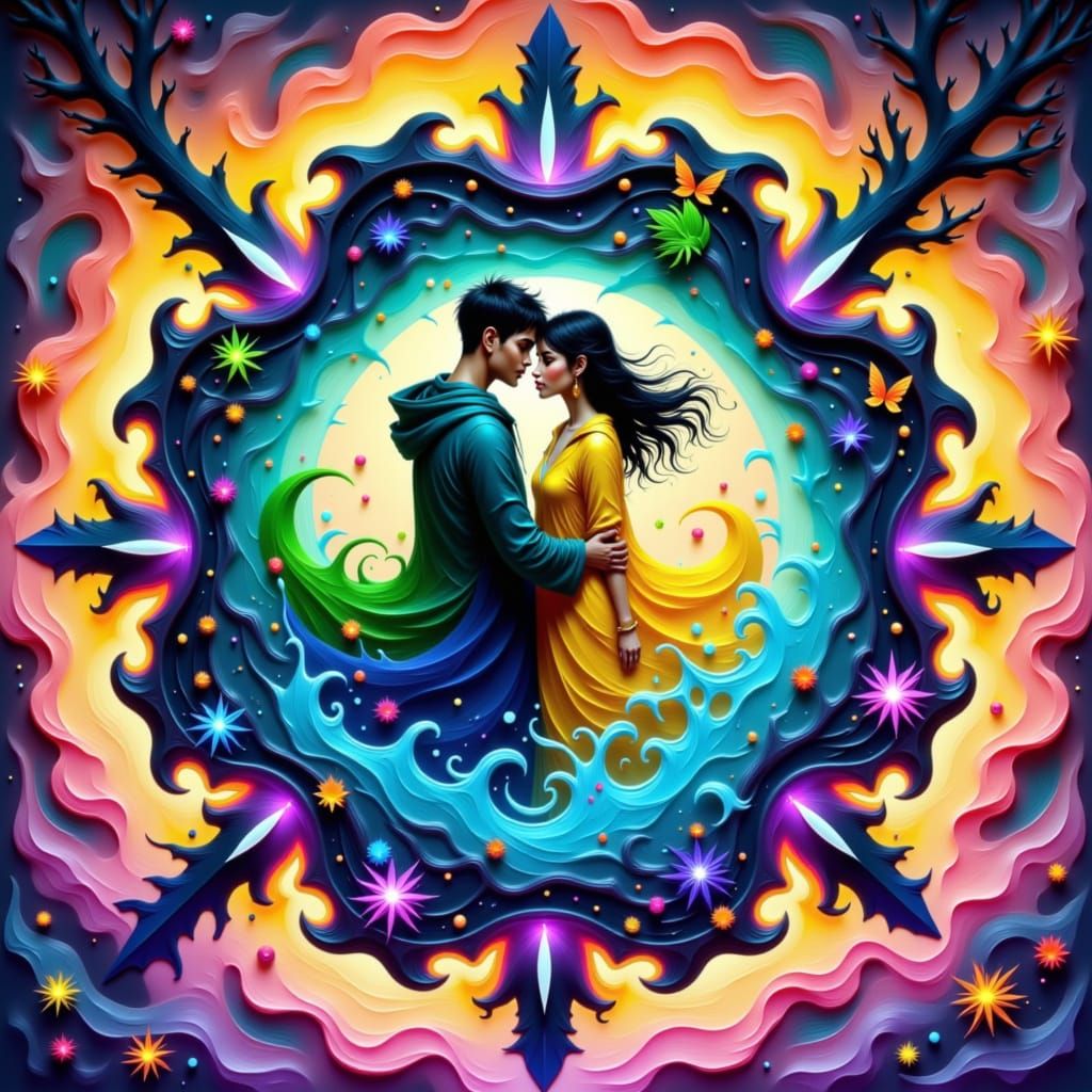 Couple Embracing in Elemental Vortex, Mystical Realism Style