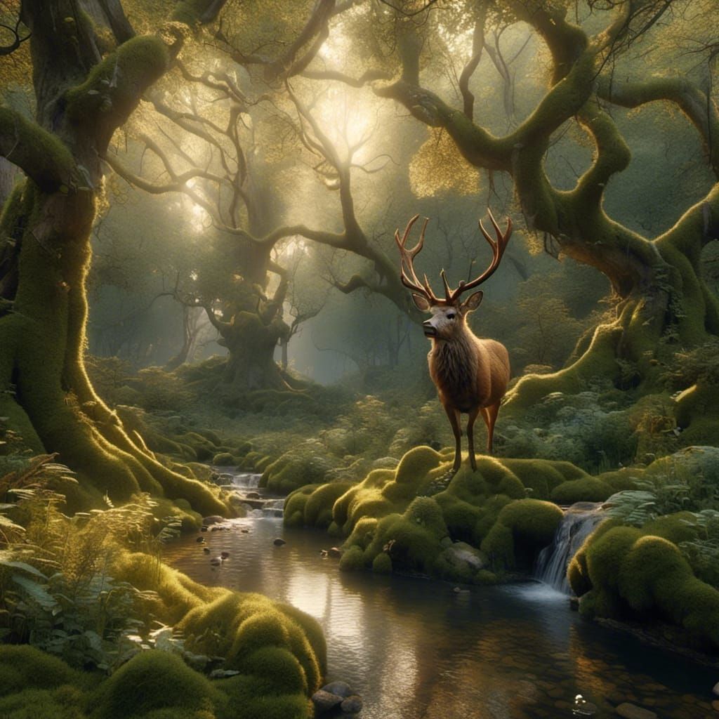 Golden Hour in Ancient Forest with Approaching Deer