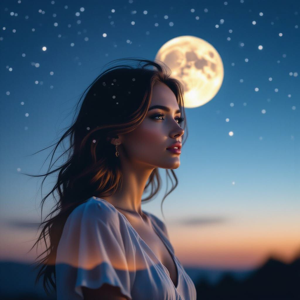 Dreamlike Double Exposure of Woman Under Stars