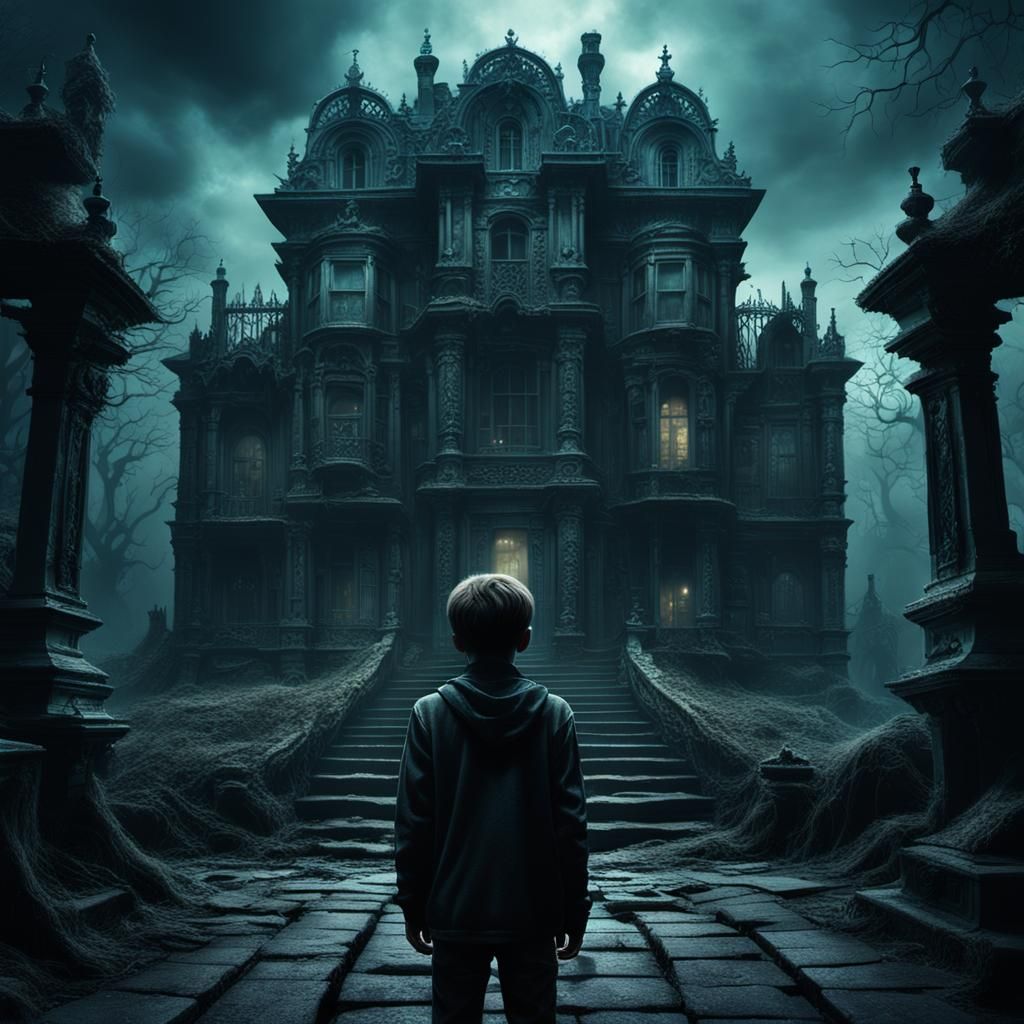 Gothic Horror: Boy in Decayed Mansion Shadows