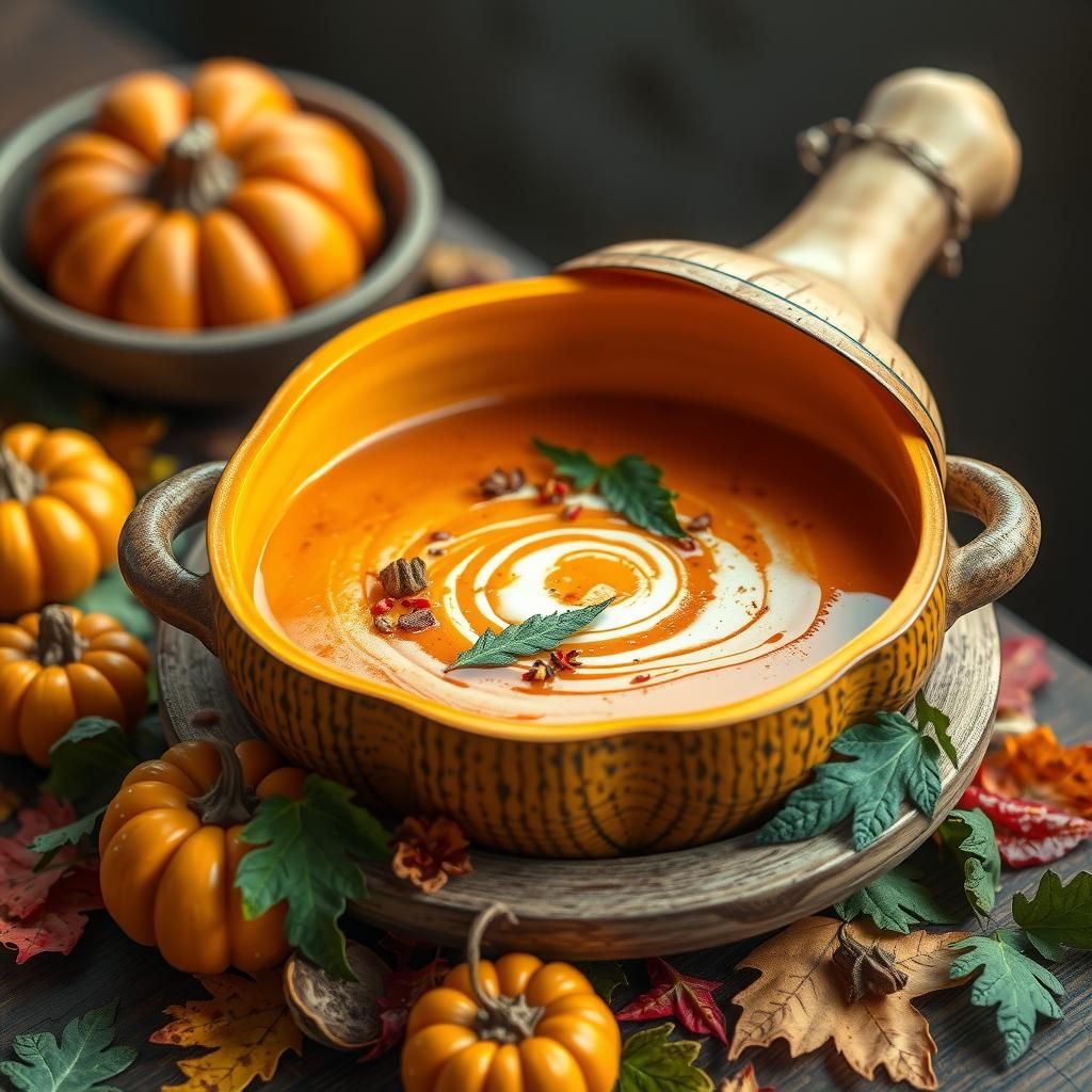 Sopa de calabaza ahumada, humeante, en un recipiente rústico...